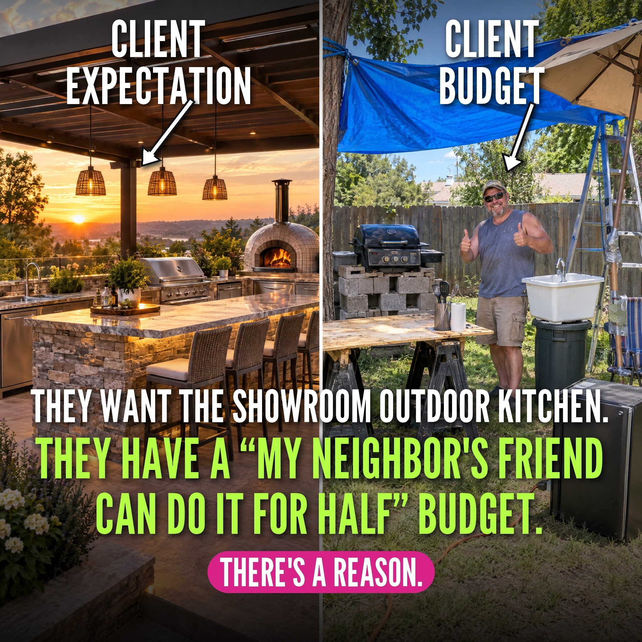 A Meta ad contrasting a showroom outdoor kitchen with a neighbor’s-friend budget.